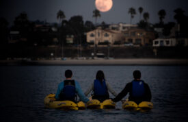 3 people on kayaks at night
